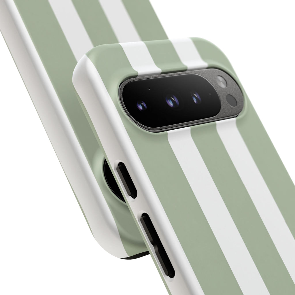 Striped Sage Tough Phone Case — Durable Green & White Vertical Stripe Phone Cover