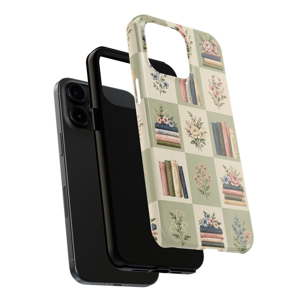 Floral Bookshelf Tough Phone Case — Vintage Floral & Stacked Books Pattern