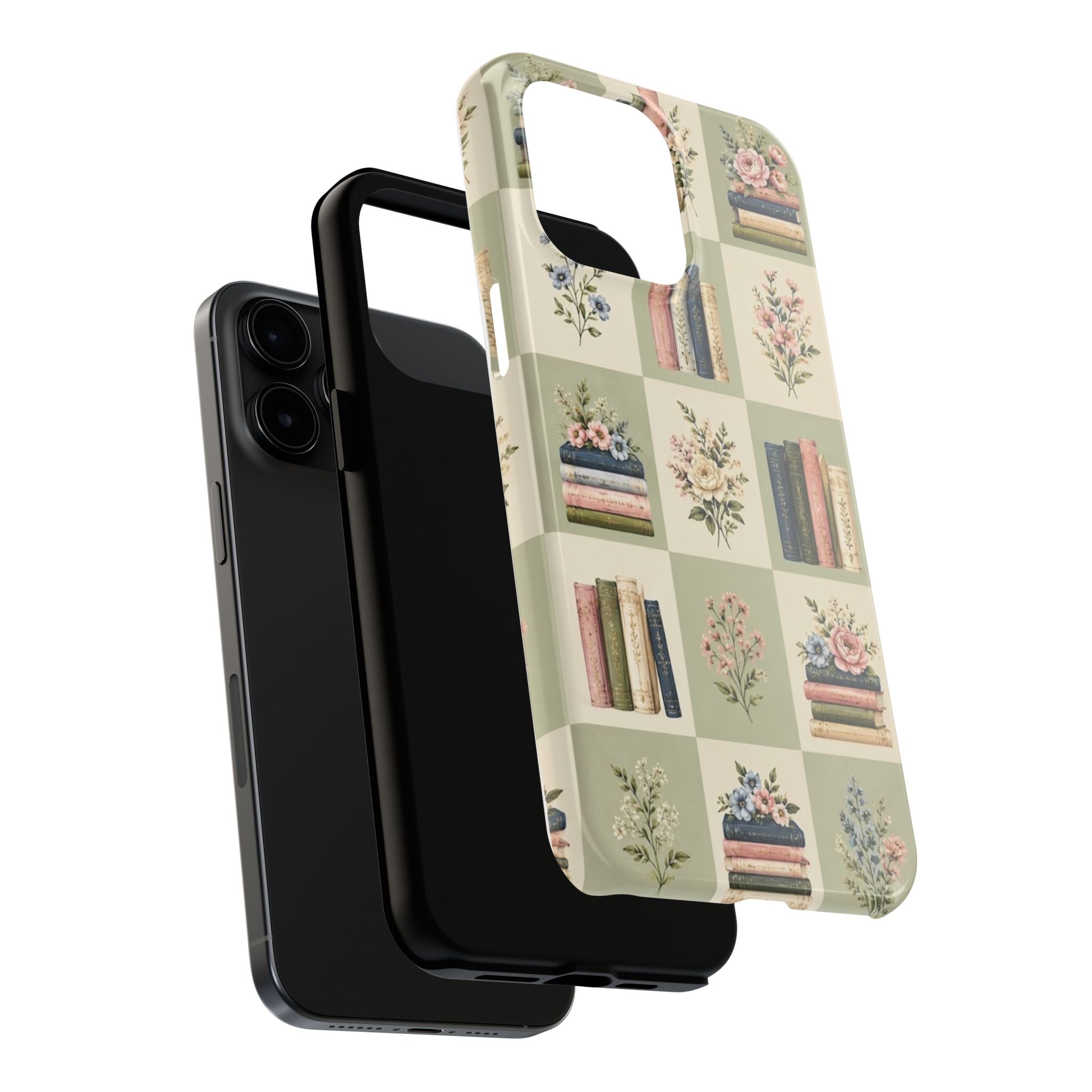 Floral Bookshelf Tough Phone Case — Vintage Floral & Stacked Books Pattern
