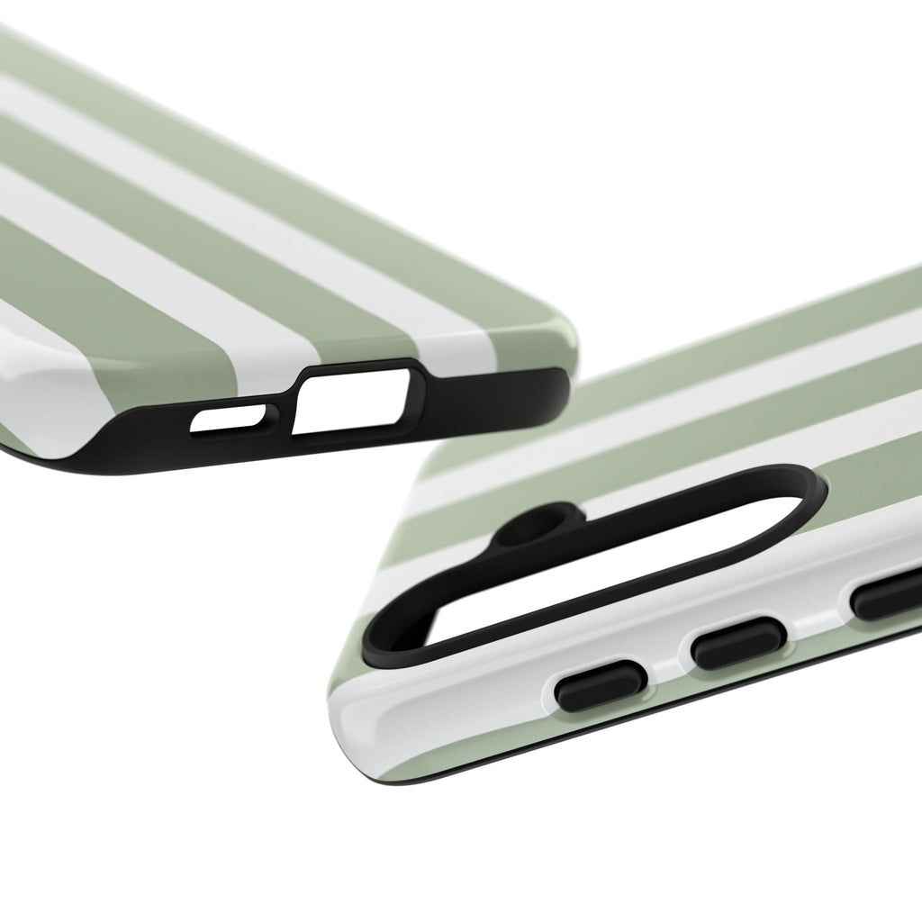 Striped Sage Tough Phone Case — Durable Green & White Vertical Stripe Phone Cover