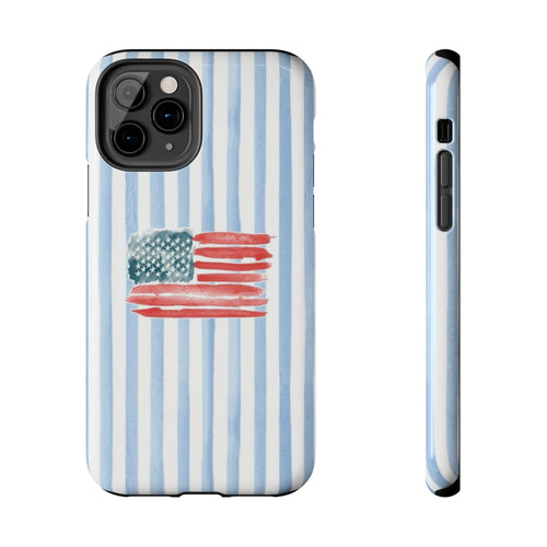 American Flag Watercolor Tough Phone Case — Blue Striped Patriotic Phone Case
