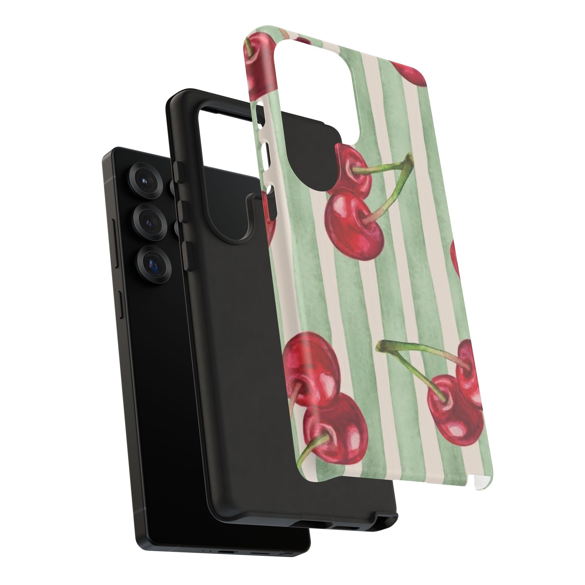 Cherry Stripe Phone Case – Retro Watercolor Cherries on Mint Stripes