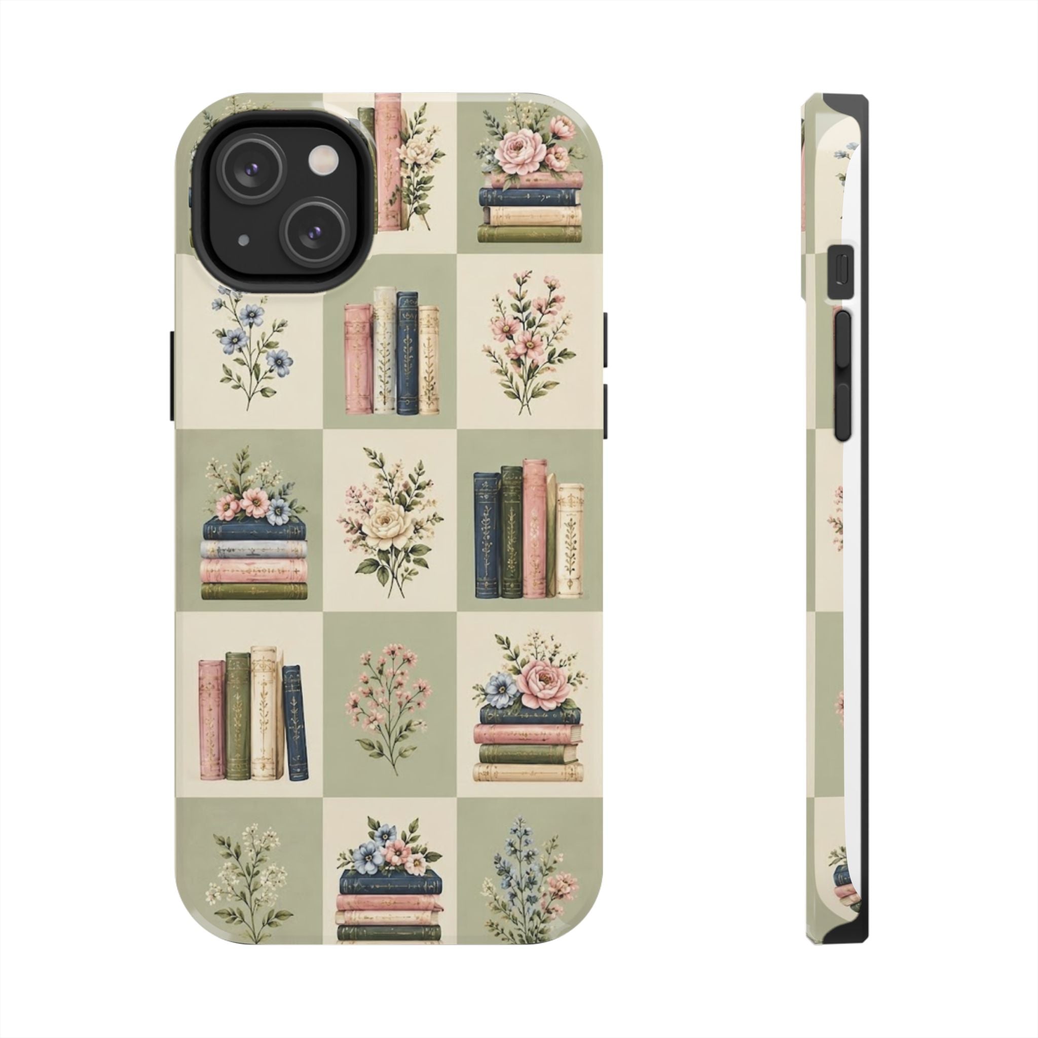Floral Bookshelf Tough Phone Case — Vintage Floral & Stacked Books Pattern