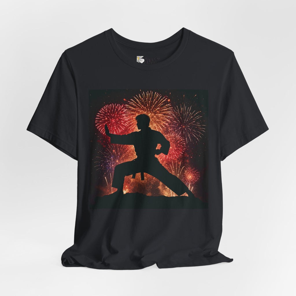 Martial Arts Fireworks T-Shirt — Karate Silhouette Celebration Tee