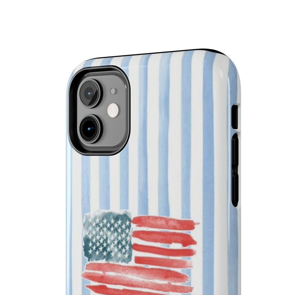 American Flag Watercolor Tough Phone Case — Blue Striped Patriotic Phone Case