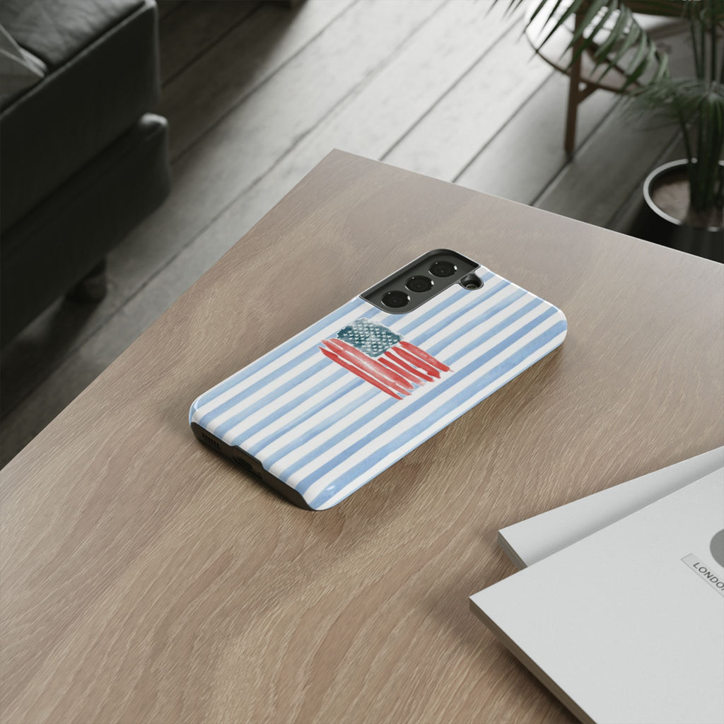 American Flag Watercolor Phone Case - Blue Stripe Tough Case