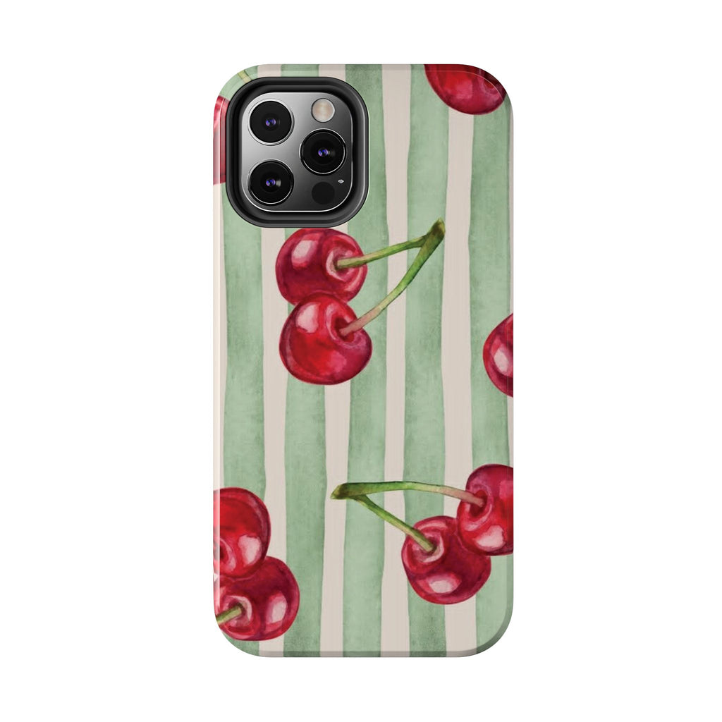 Cherry Stripe Tough Phone Case — Retro Watercolor Cherry Pattern Durable Phone Case