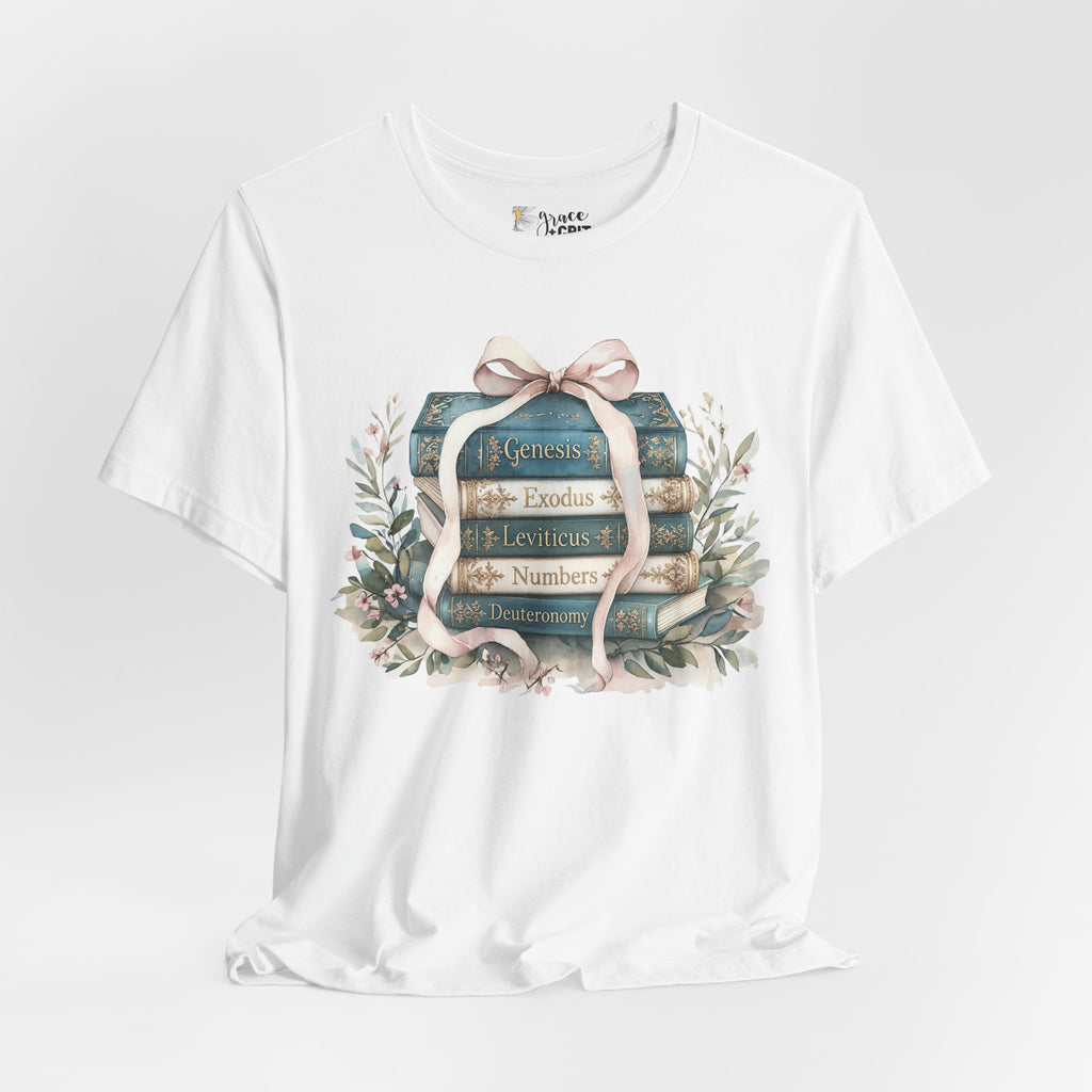 Biblical Books Stack T‑Shirt — Genesis Exodus Leviticus Numbers Design
