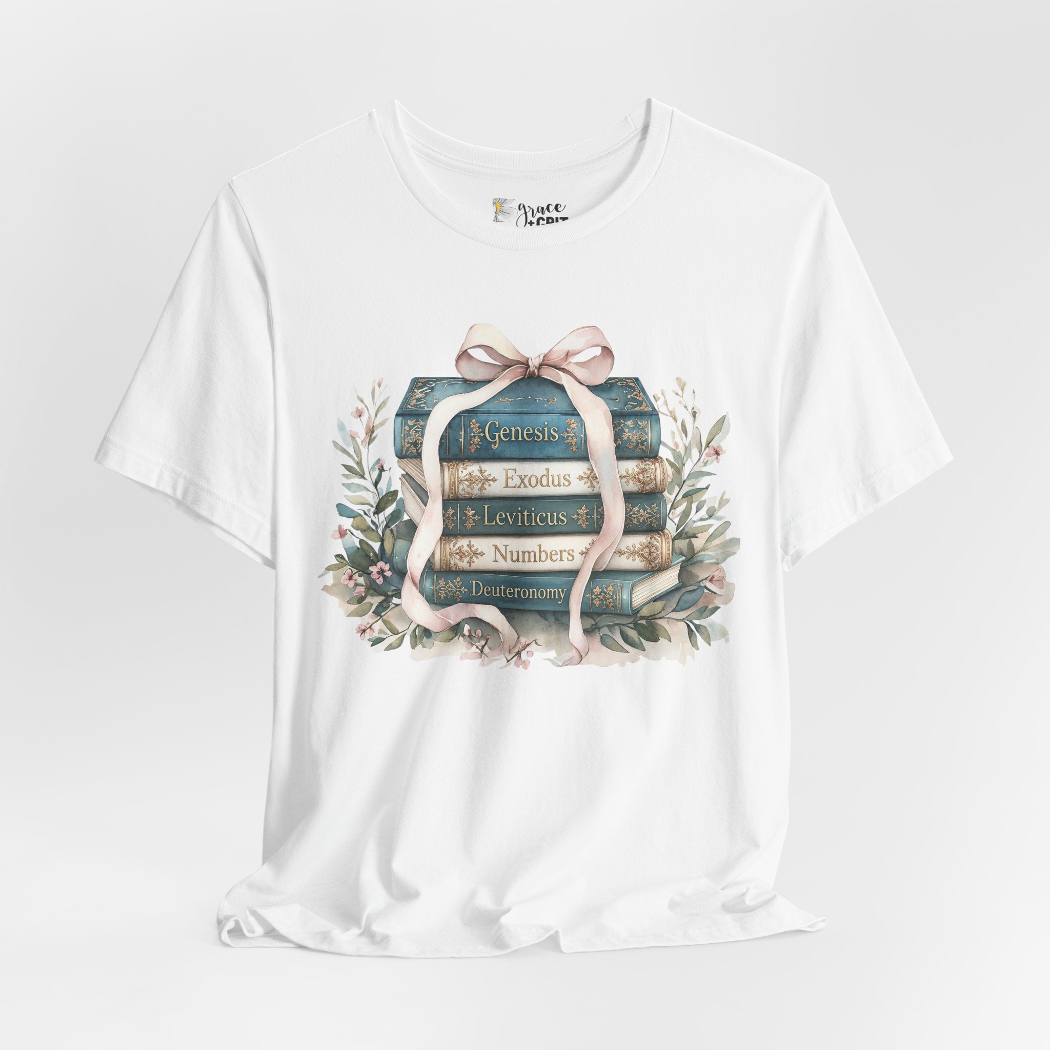 Biblical Books Stack T‑Shirt — Genesis Exodus Leviticus Numbers Design