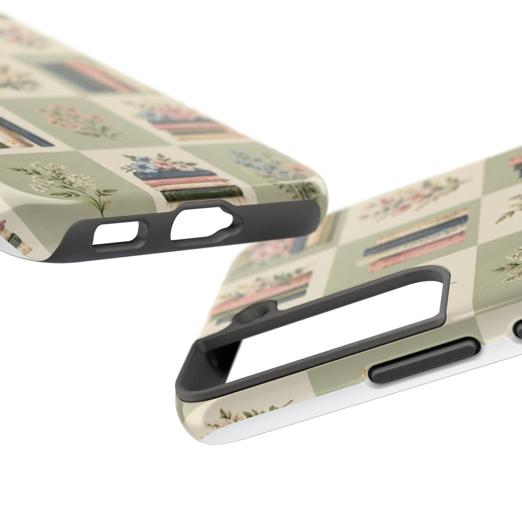 Floral Bookshelf Tough Phone Case — Vintage Floral & Stacked Books Pattern