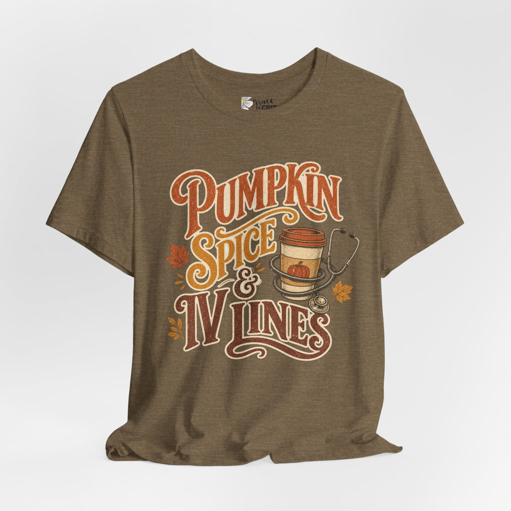 Pumpkin Spice & Vines Tee — Fall Graphic Shirt for Wine Lovers