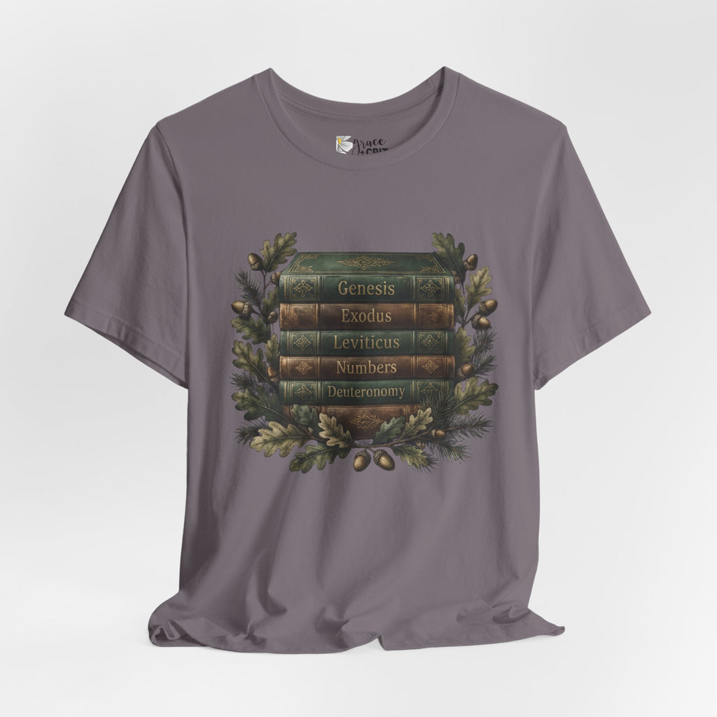 Bible Verse Stack T-Shirt — Genesis Exodus Leviticus Numbers Deuteronomy Floral Graphic