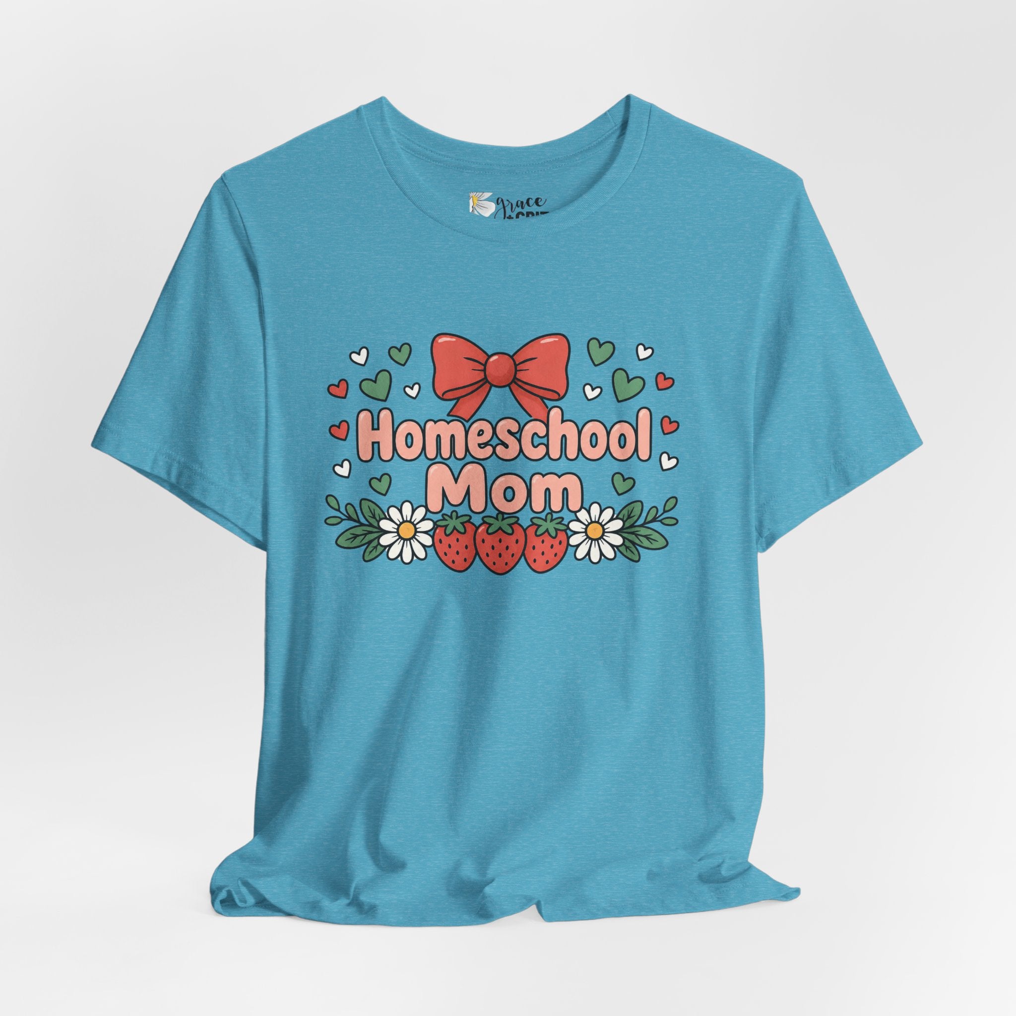Homeschool Mom T-Shirt – Floral Strawberry Design with Bow