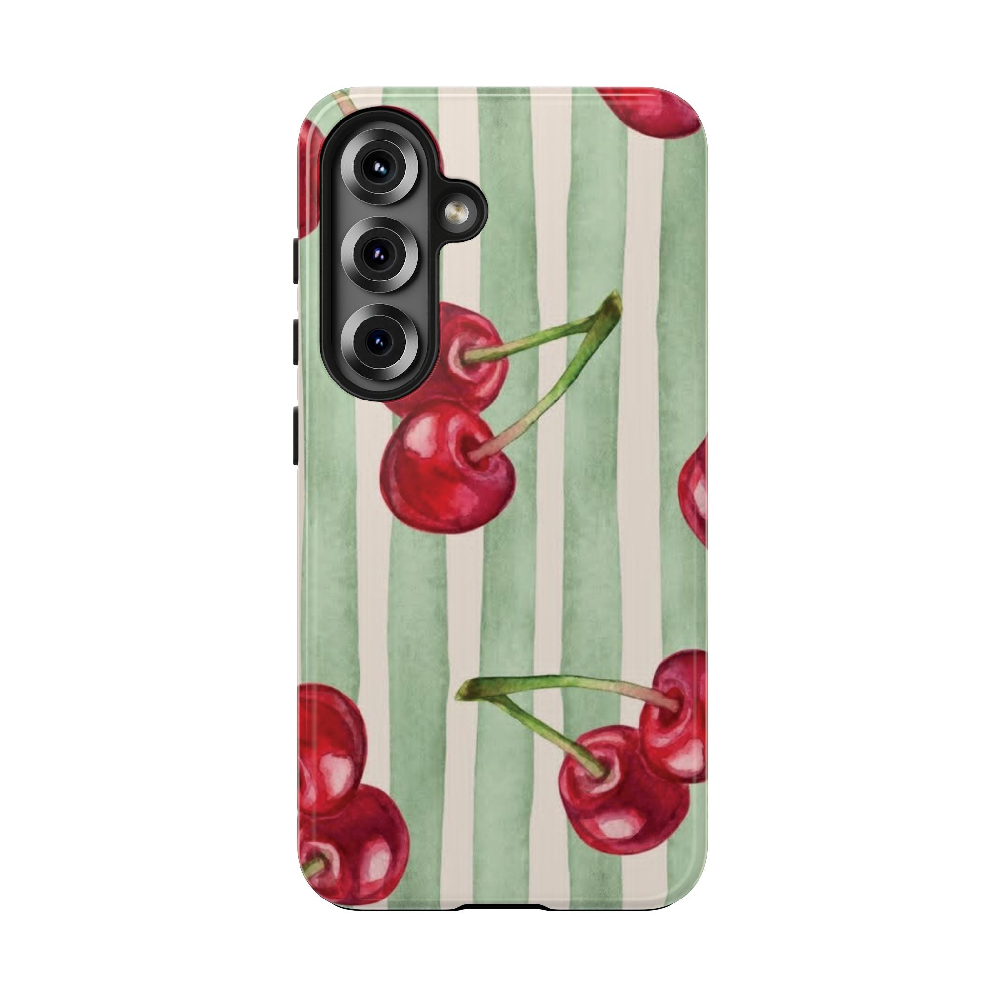 Cherry Stripe Tough Phone Case — Retro Watercolor Cherry Pattern Durable Phone Case