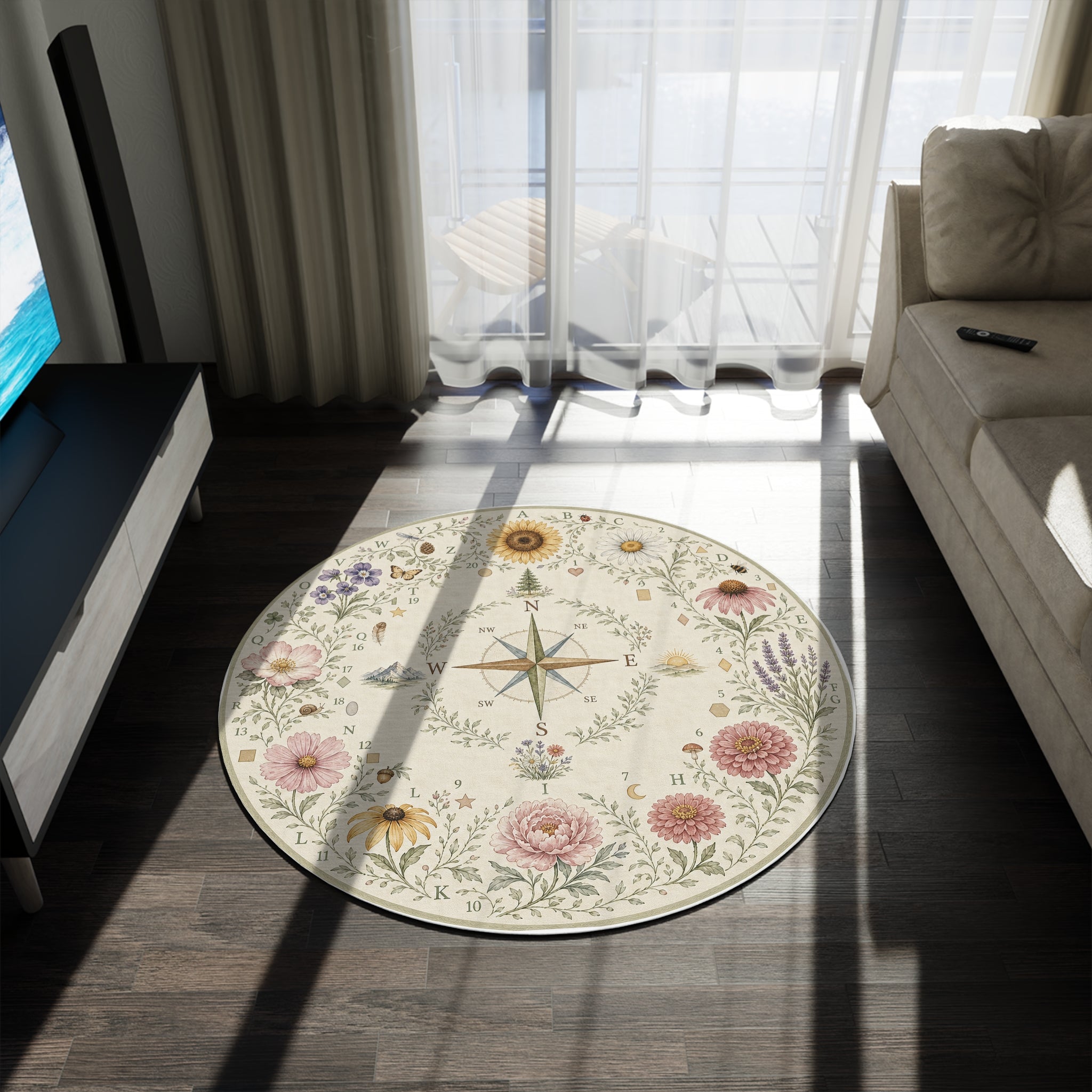 Botanical Compass Circle Time Rug — Vintage Floral Nautical Classroom Mat