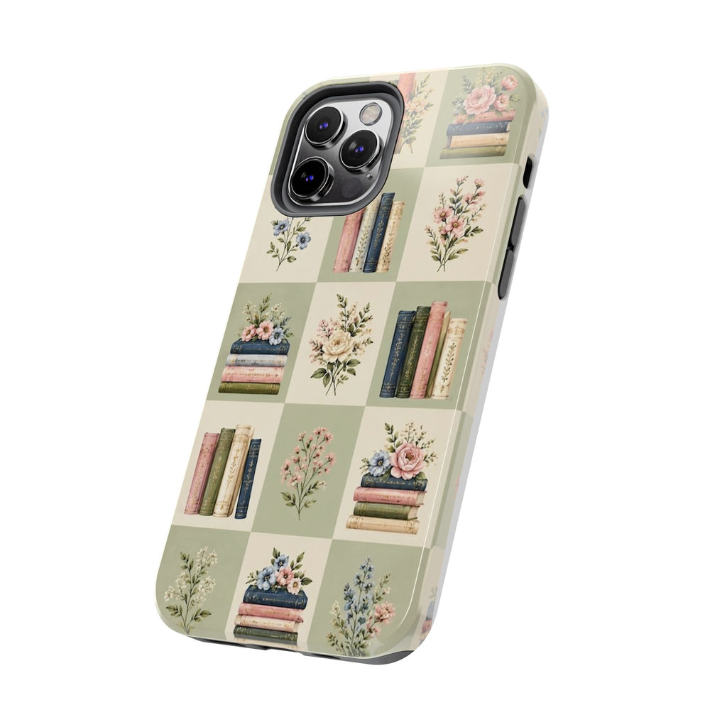 Floral Bookshelf Tough Phone Case — Vintage Floral & Stacked Books Pattern