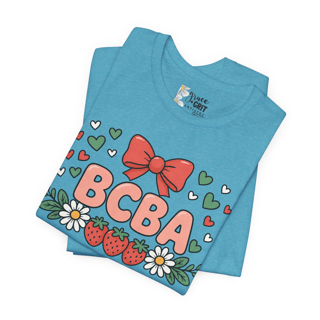 BCBA Strawberry Bow T-Shirt — Cute Floral ABA Therapist Gift