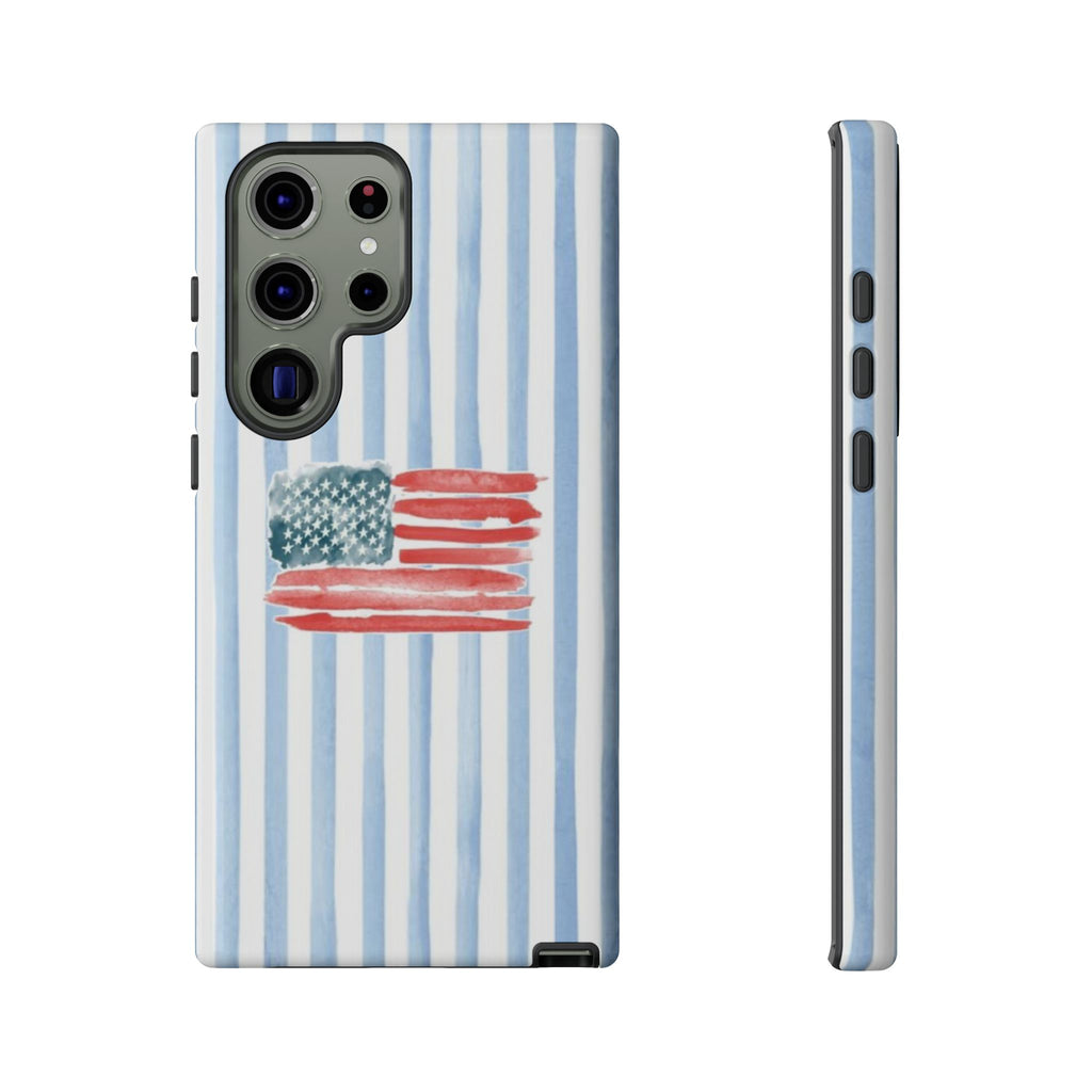 American Flag Watercolor Phone Case - Blue Stripe Tough Case