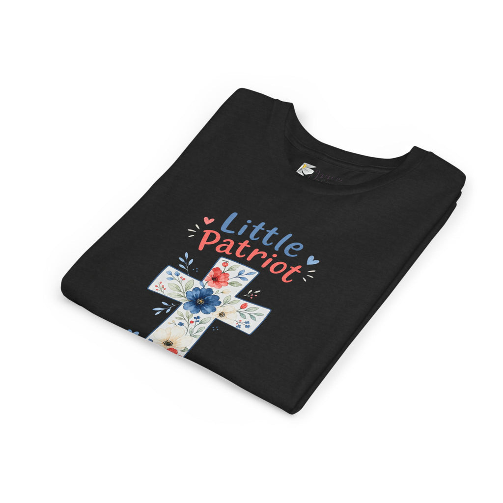 Little Patriot Big Grace Youth Tee — Floral Cross Christian Kids Shirt