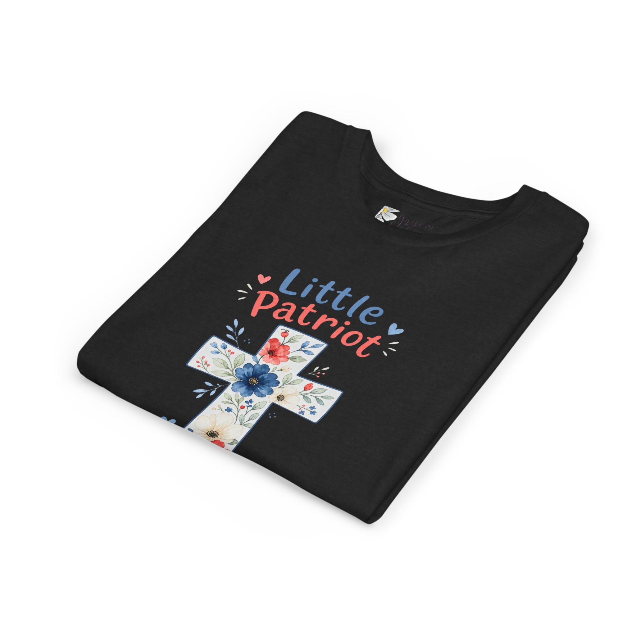 Little Patriot Big Grace Youth Tee — Floral Cross Christian Kids Shirt