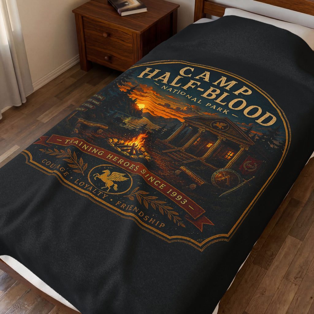 Camp Half-Blood Velveteen Plush Blanket — Campfire Logo Cozy Throw