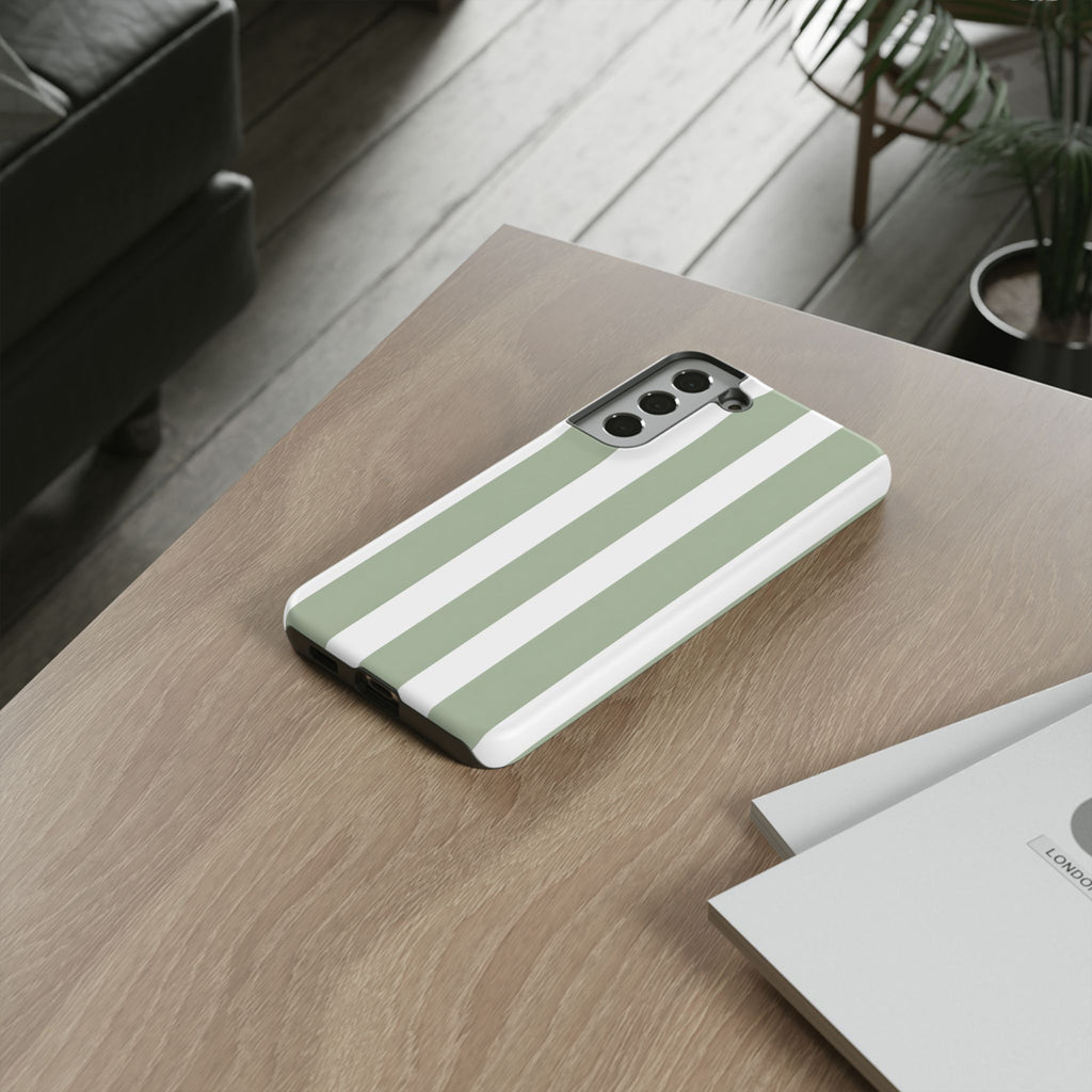 Striped Sage Tough Phone Case — Durable Green & White Vertical Stripe Phone Cover