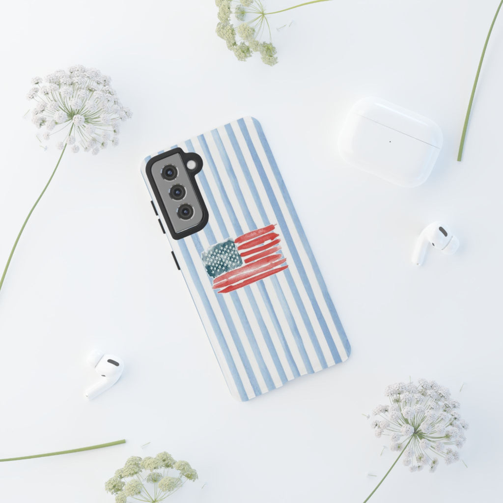 American Flag Watercolor Phone Case - Blue Stripe Tough Case