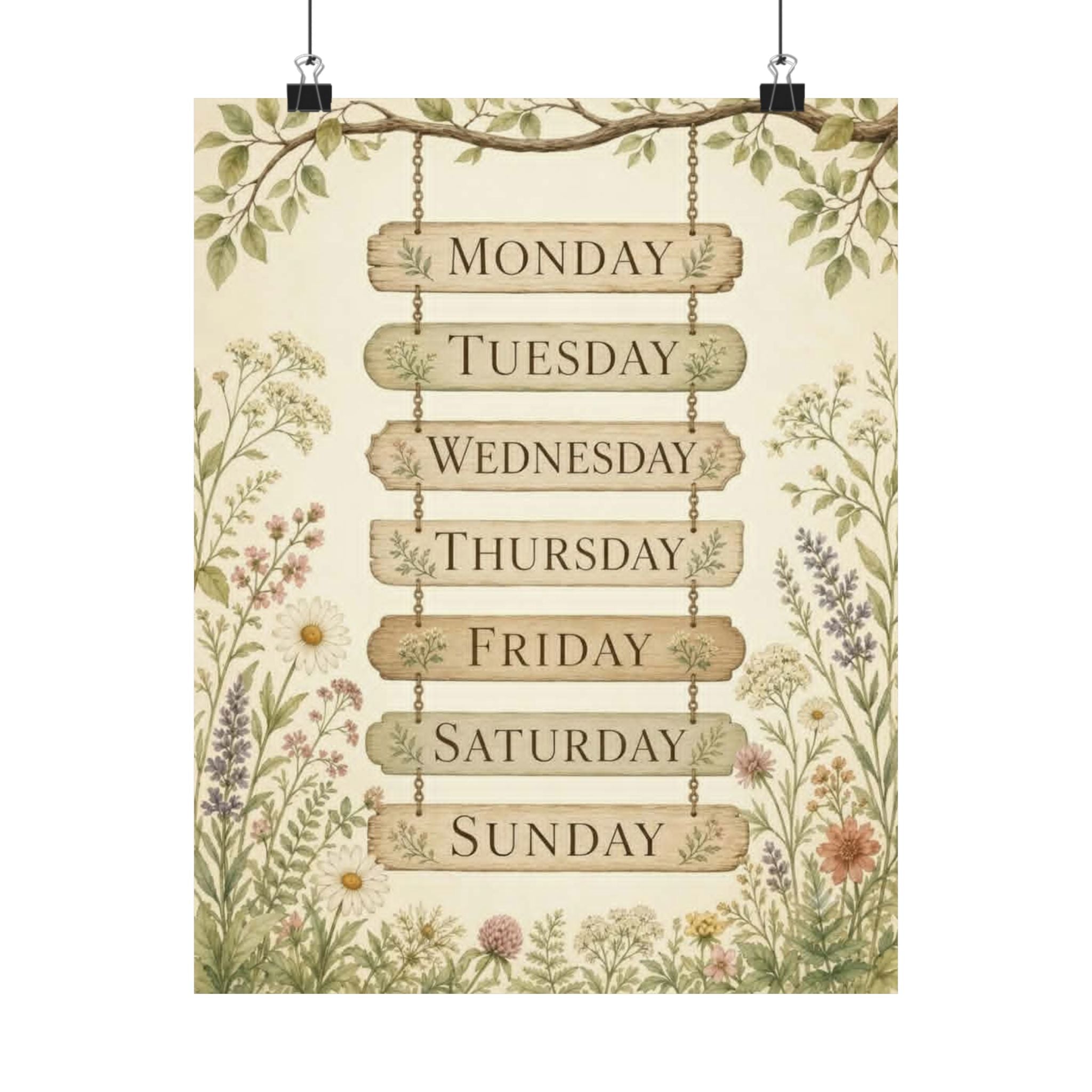 Vintage Floral Days of the Week Poster — Matte Vertical Wall Art