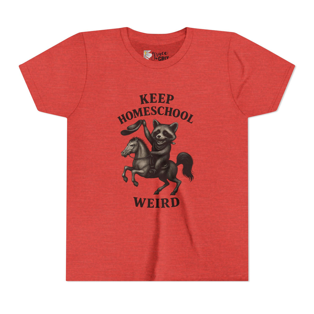 Keep Homeschool Weird Youth Tee | Raccoon Riding Horse Illustration