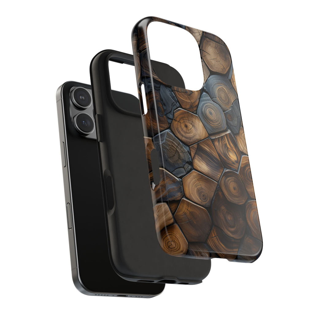 Woodgrain Hex Pattern Tough Phone Case — Rustic Log Cross-Section Design