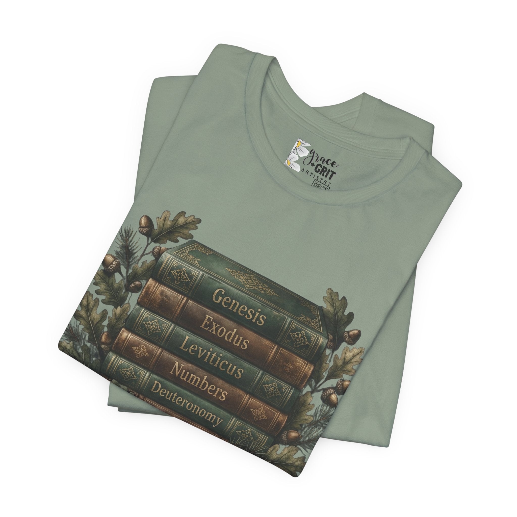 Bible Verse Stack T-Shirt — Genesis Exodus Leviticus Numbers Deuteronomy Floral Graphic