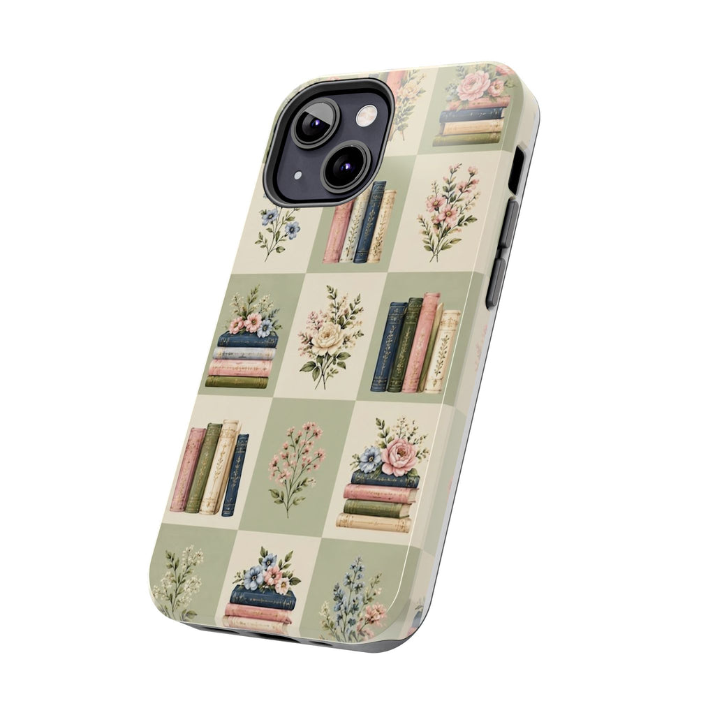 Floral Bookshelf Tough Phone Case — Vintage Floral & Stacked Books Pattern