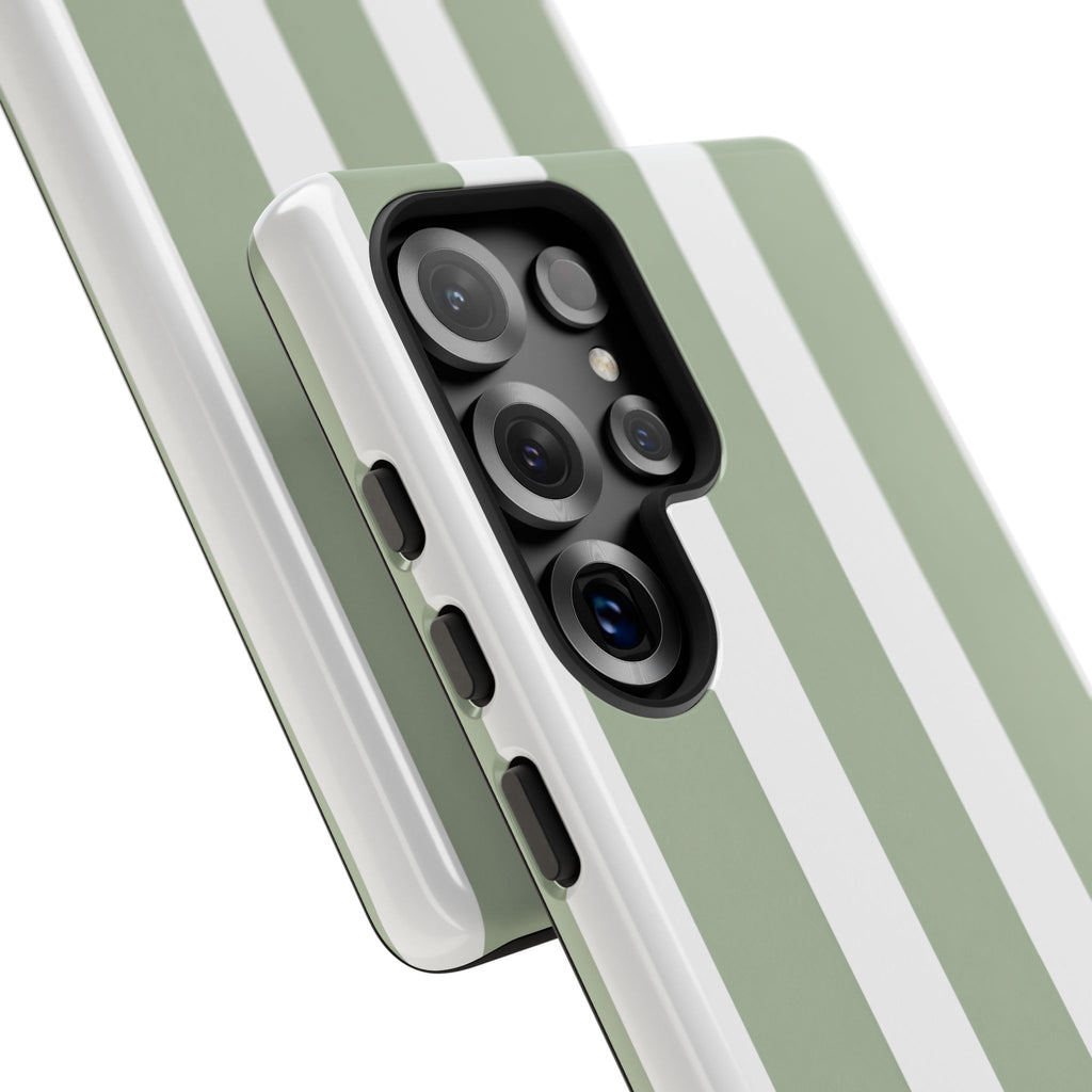 Striped Sage Tough Phone Case — Durable Green & White Vertical Stripe Phone Cover
