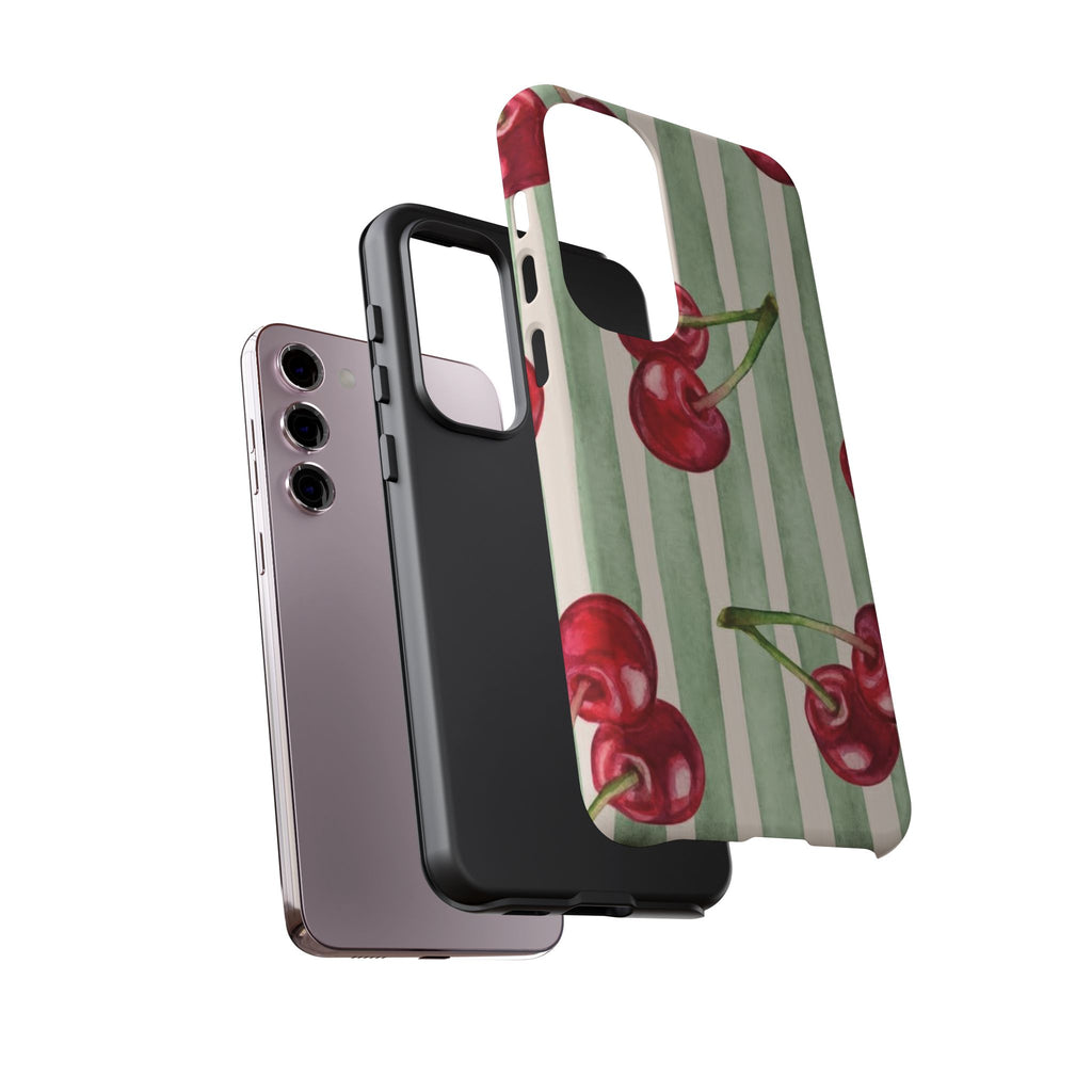 Cherry Stripe Phone Case – Retro Watercolor Cherries on Mint Stripes
