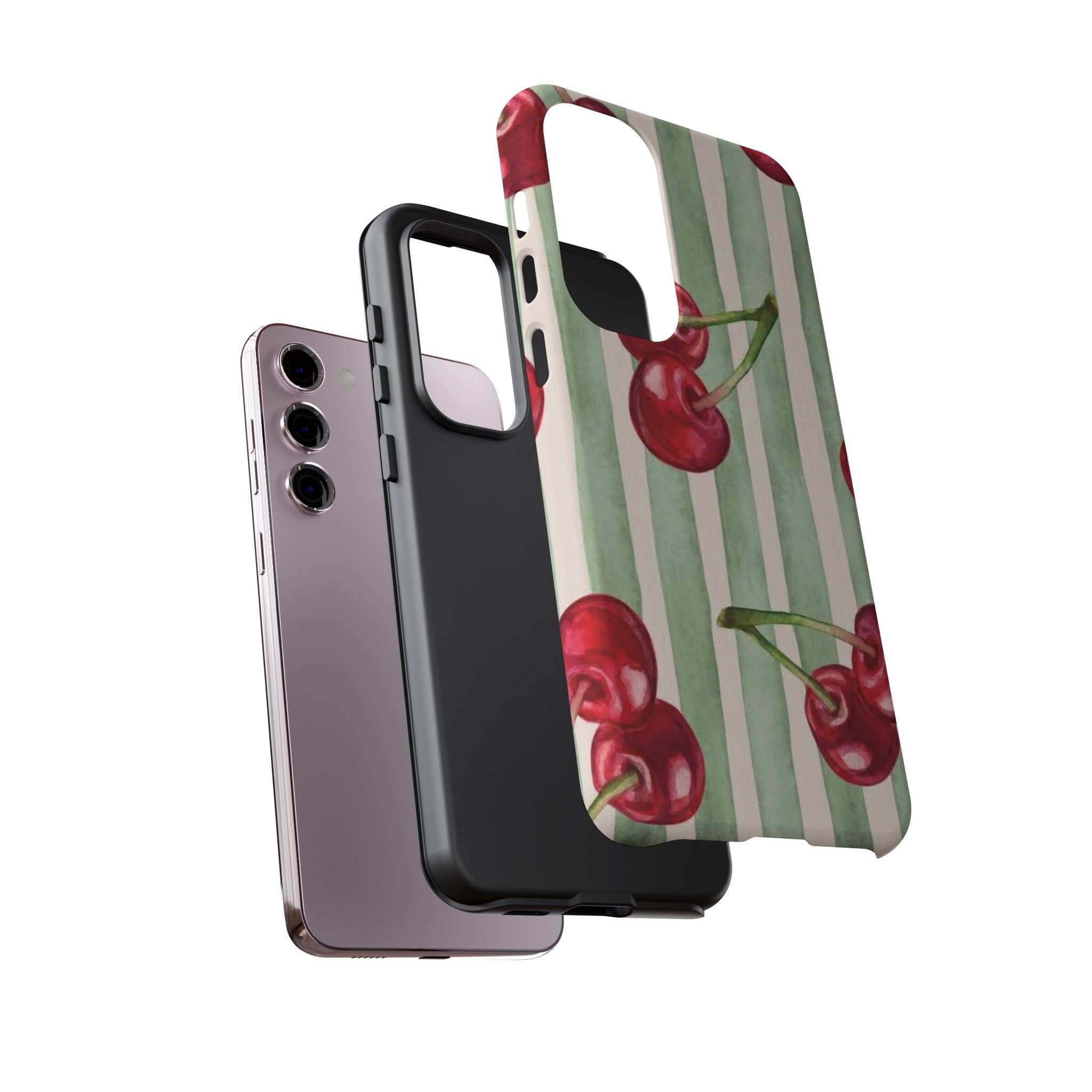 Cherry Stripe Phone Case – Retro Watercolor Cherries on Mint Stripes