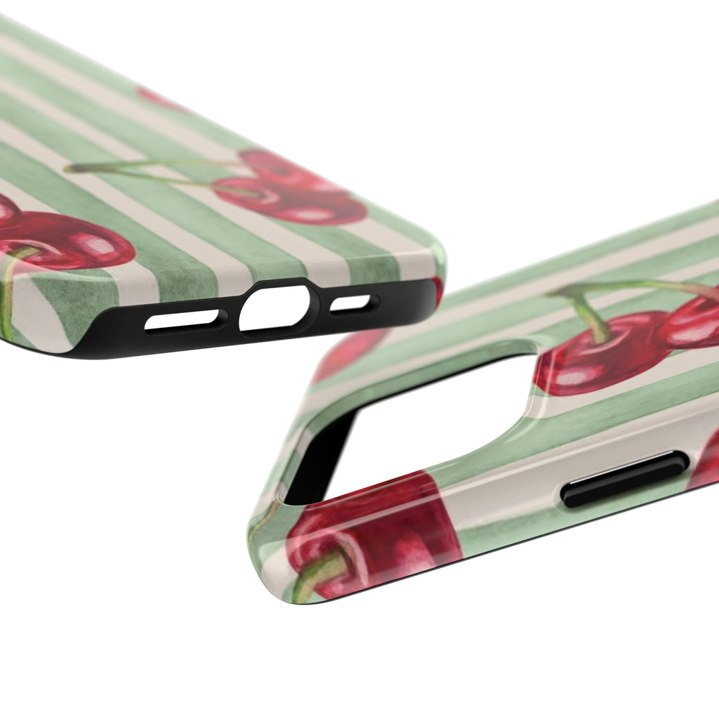 Cherry Stripe Tough Phone Case — Retro Watercolor Cherry Pattern Durable Phone Case