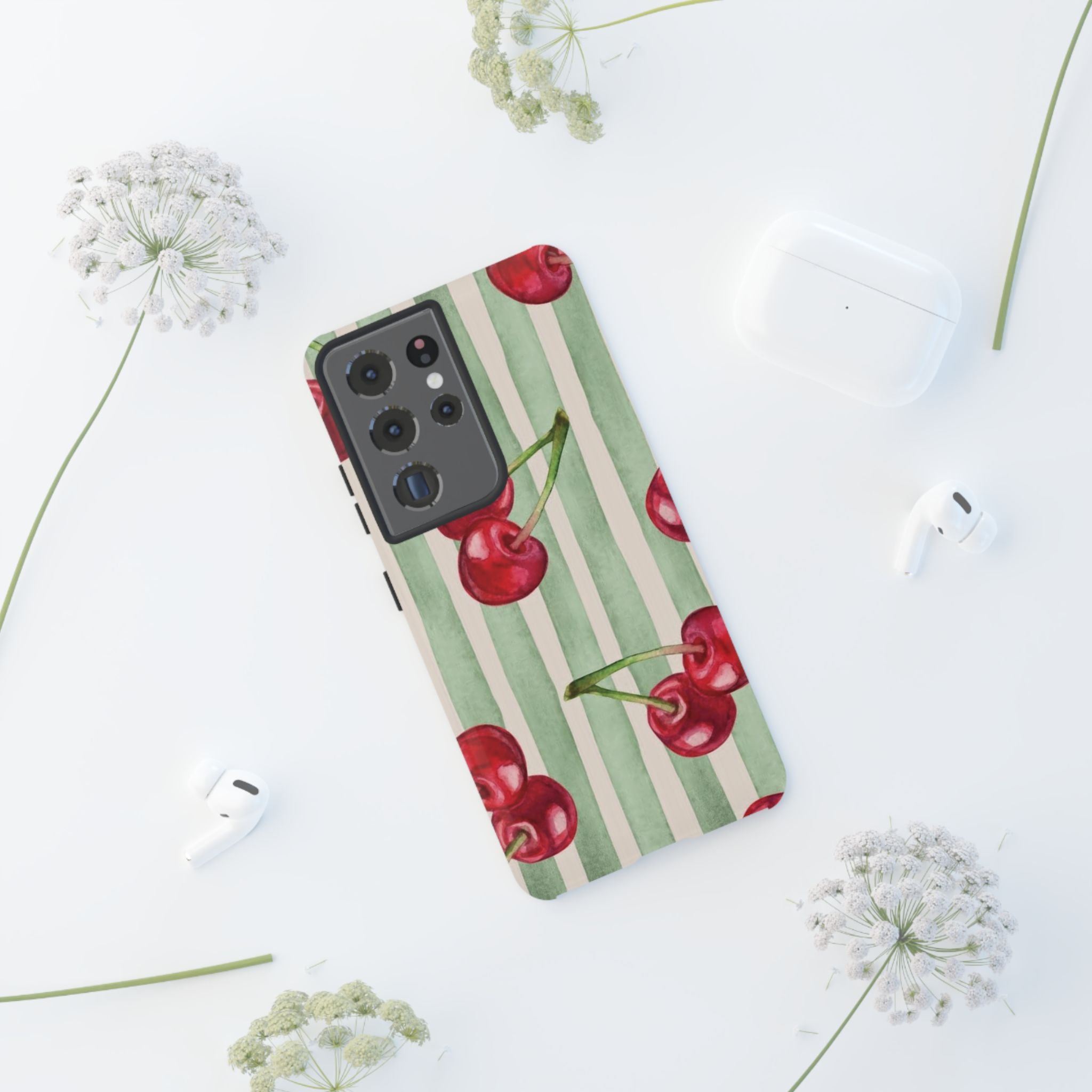 Cherry Stripe Phone Case – Retro Watercolor Cherries on Mint Stripes