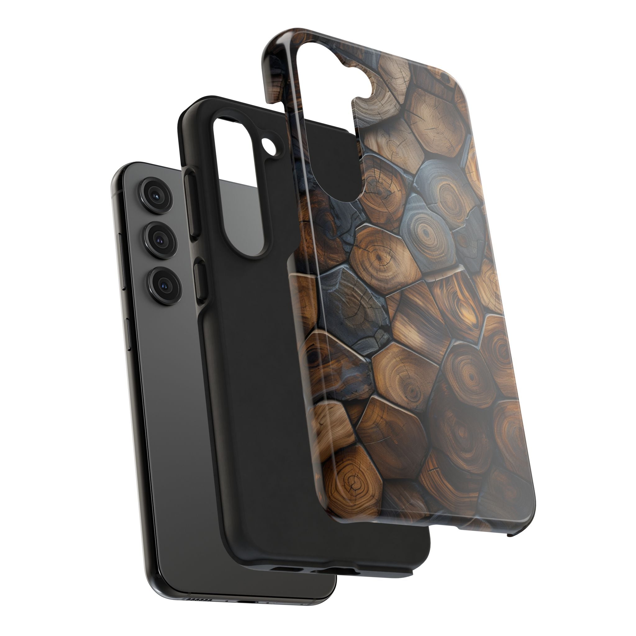 Woodgrain Hex Pattern Tough Phone Case — Rustic Log Cross-Section Design
