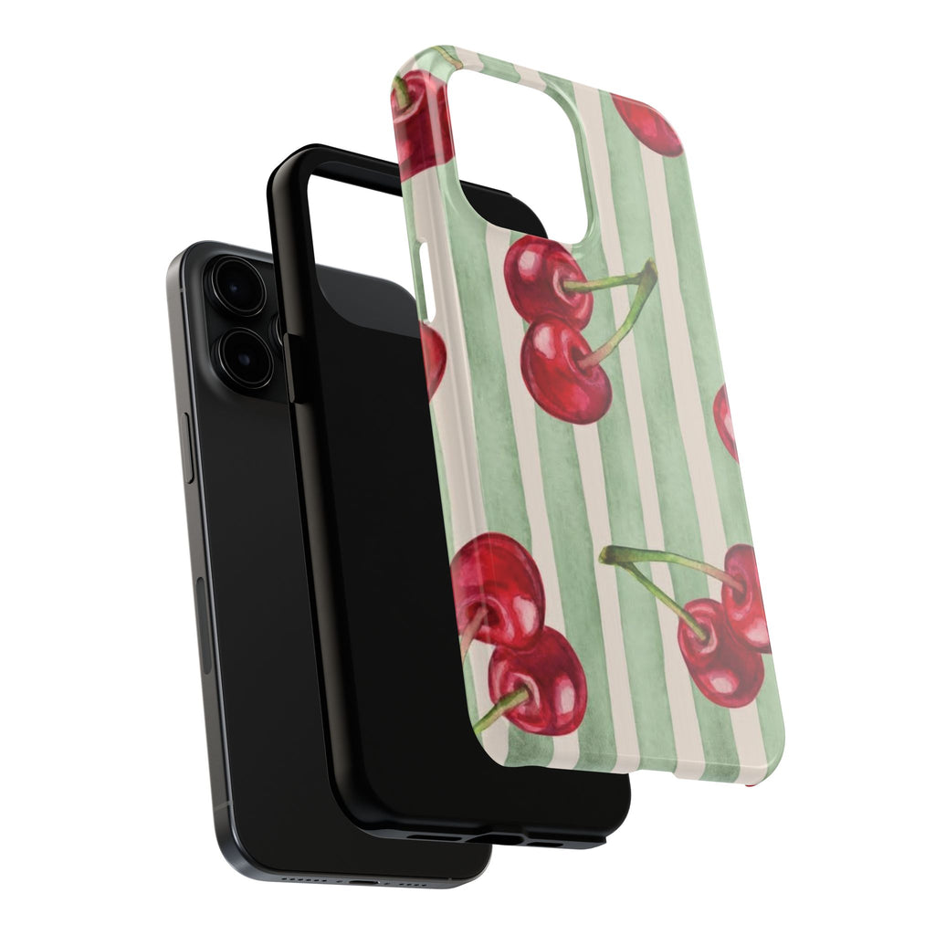 Cherry Stripe Tough Phone Case — Retro Watercolor Cherry Pattern Durable Phone Case