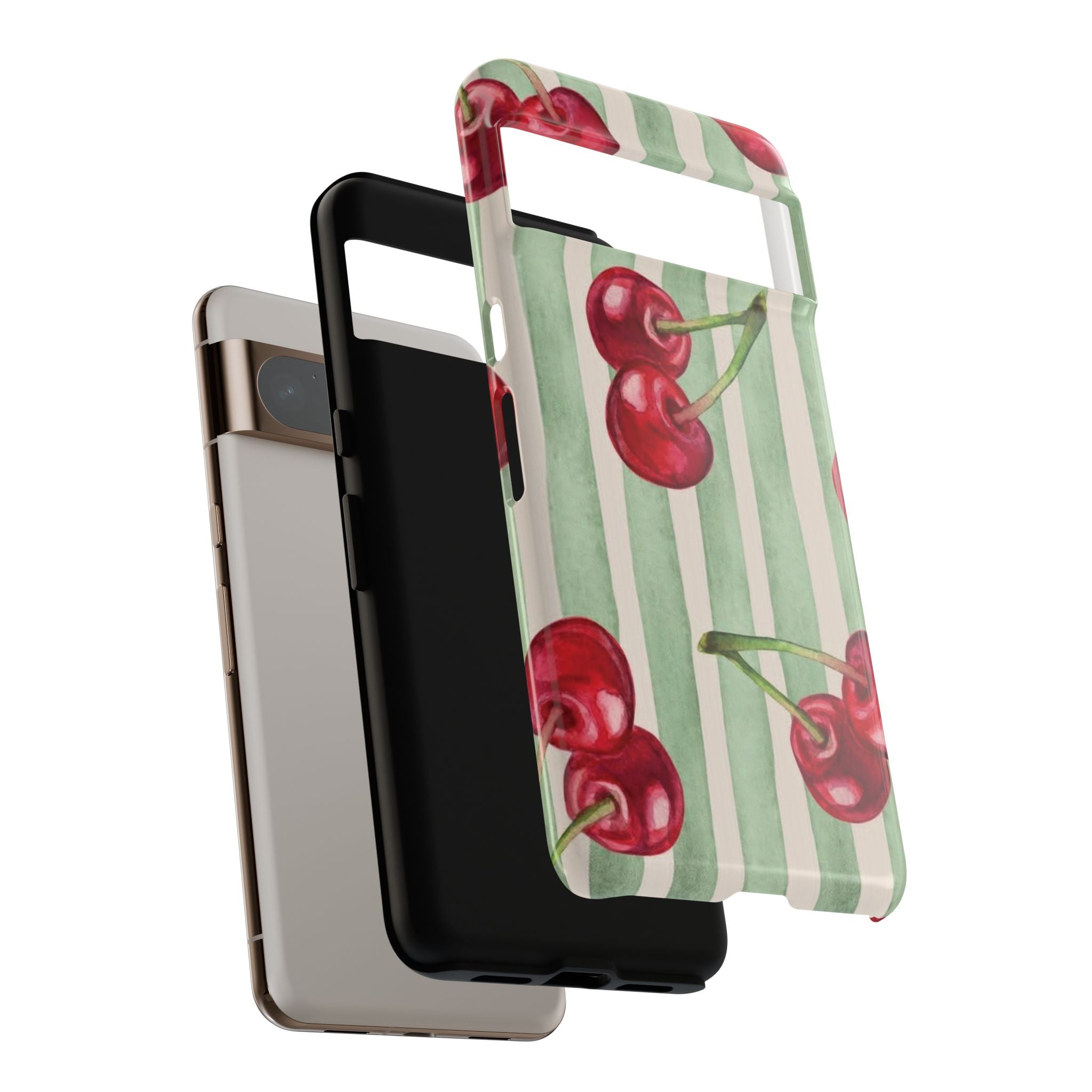 Cherry Stripe Phone Case – Retro Watercolor Cherries on Mint Stripes