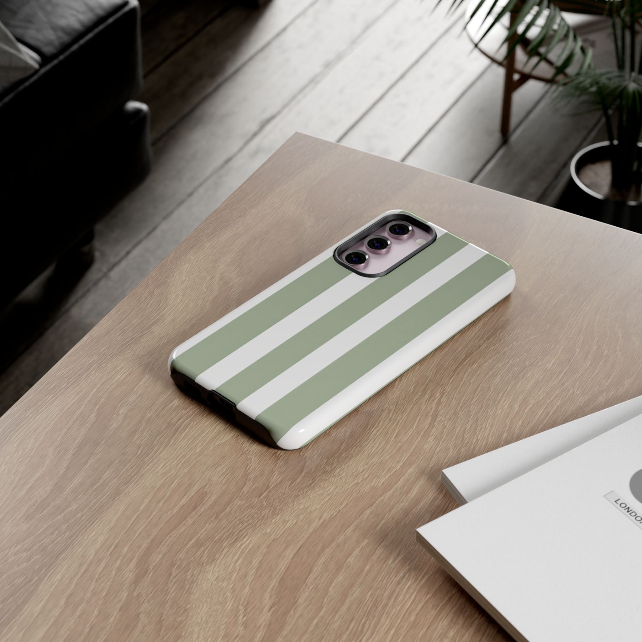 Striped Sage Tough Phone Case — Durable Green & White Vertical Stripe Phone Cover