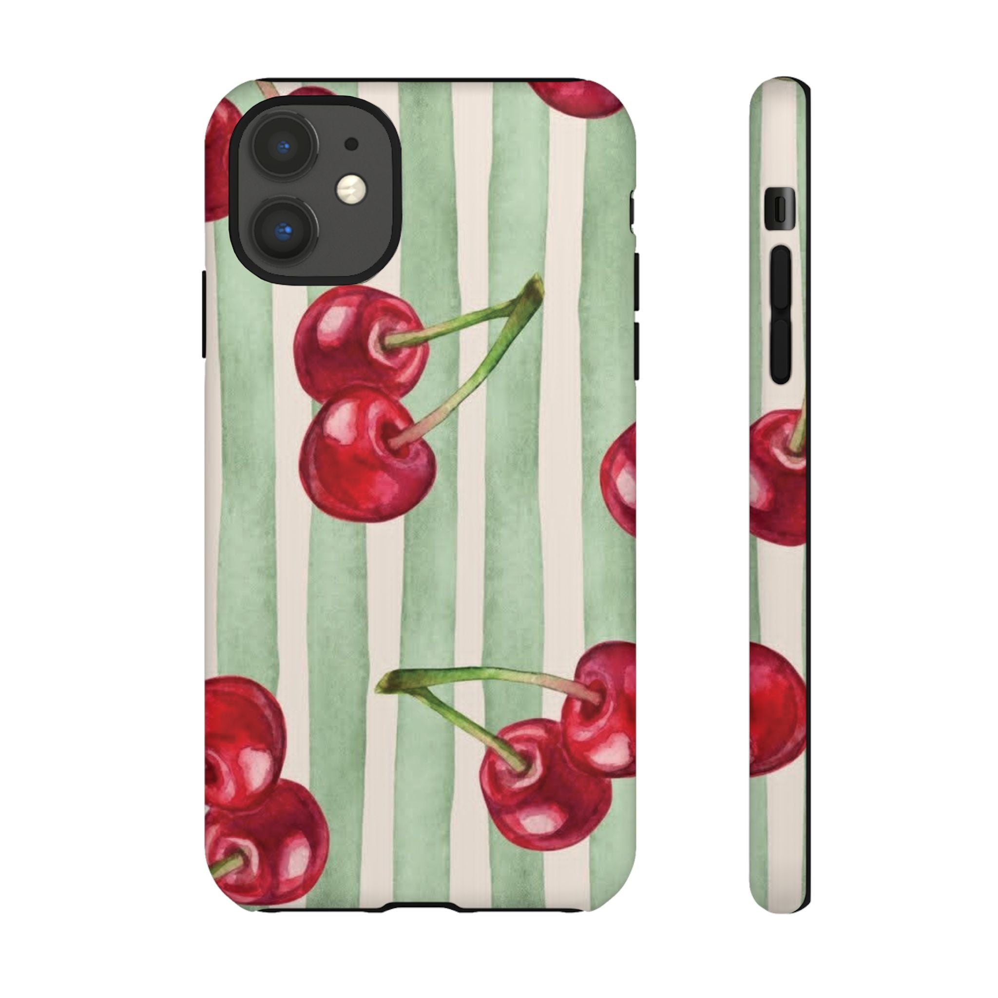 Cherry Stripe Phone Case – Retro Watercolor Cherries on Mint Stripes
