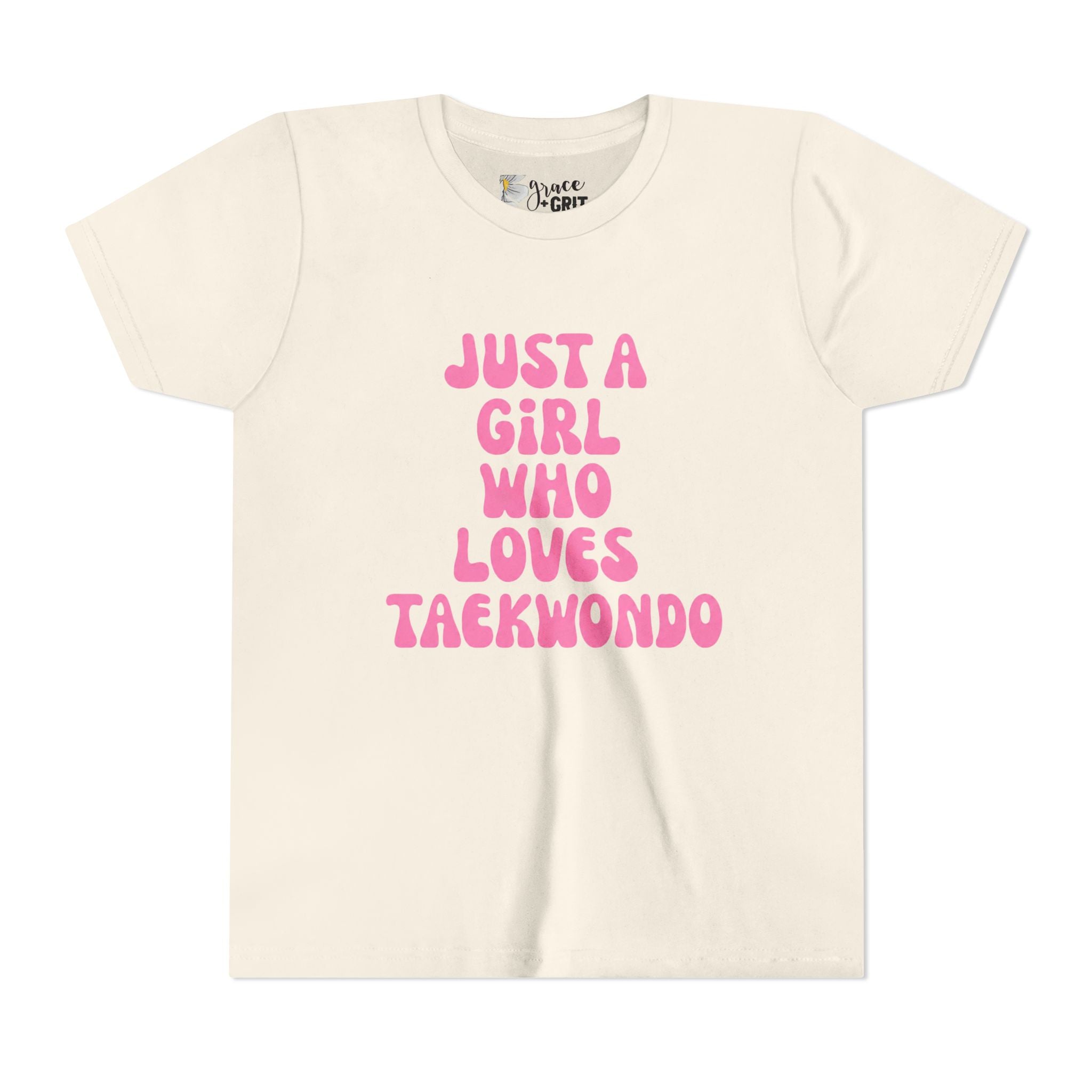 Just a Girl Who Loves Taekwondo Youth Tee | Pink Text Martial Arts Shirt
