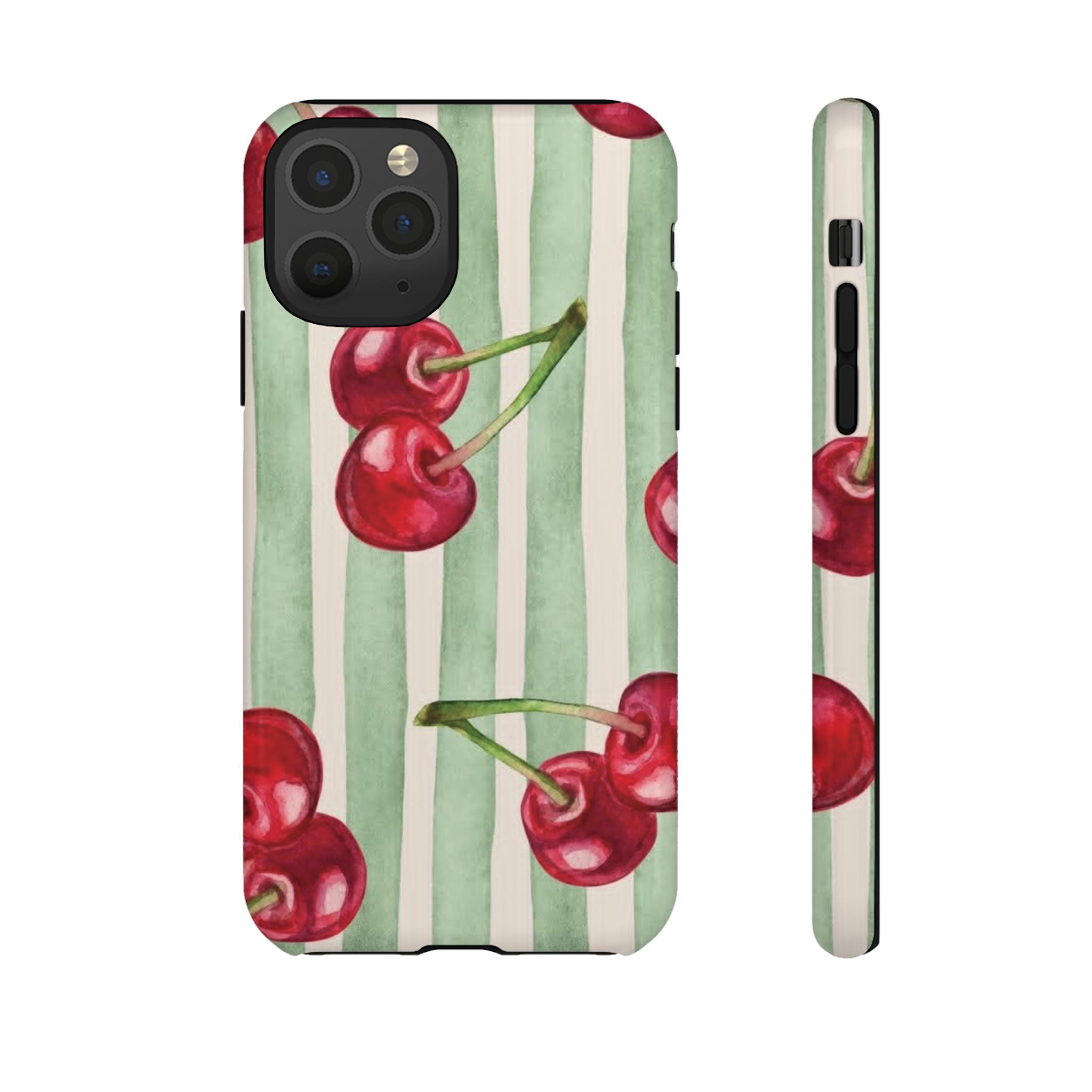 Cherry Stripe Phone Case – Retro Watercolor Cherries on Mint Stripes