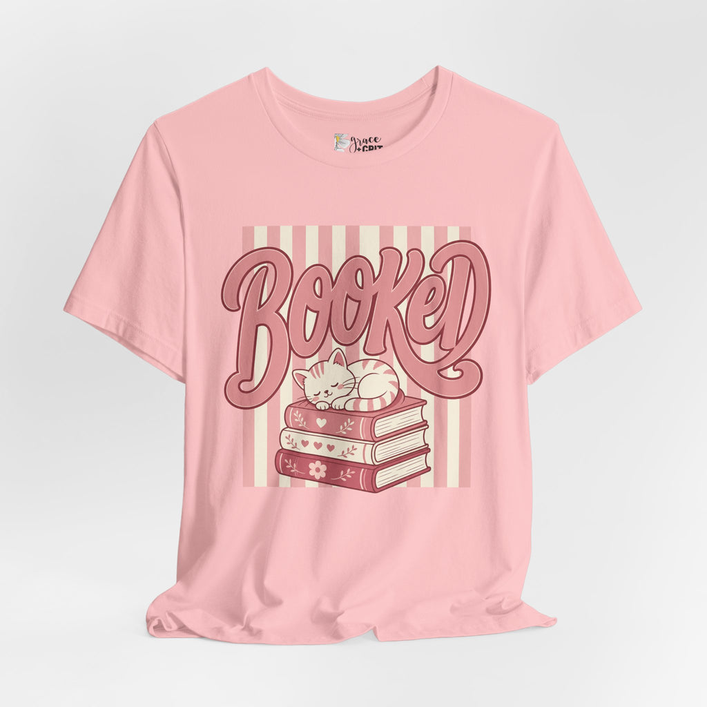 Booked Tee — Cute Cat on Stack of Books Graphic Shirt