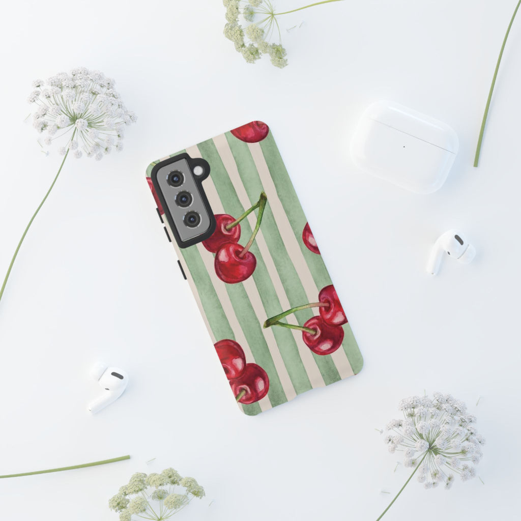 Cherry Stripe Phone Case – Retro Watercolor Cherries on Mint Stripes