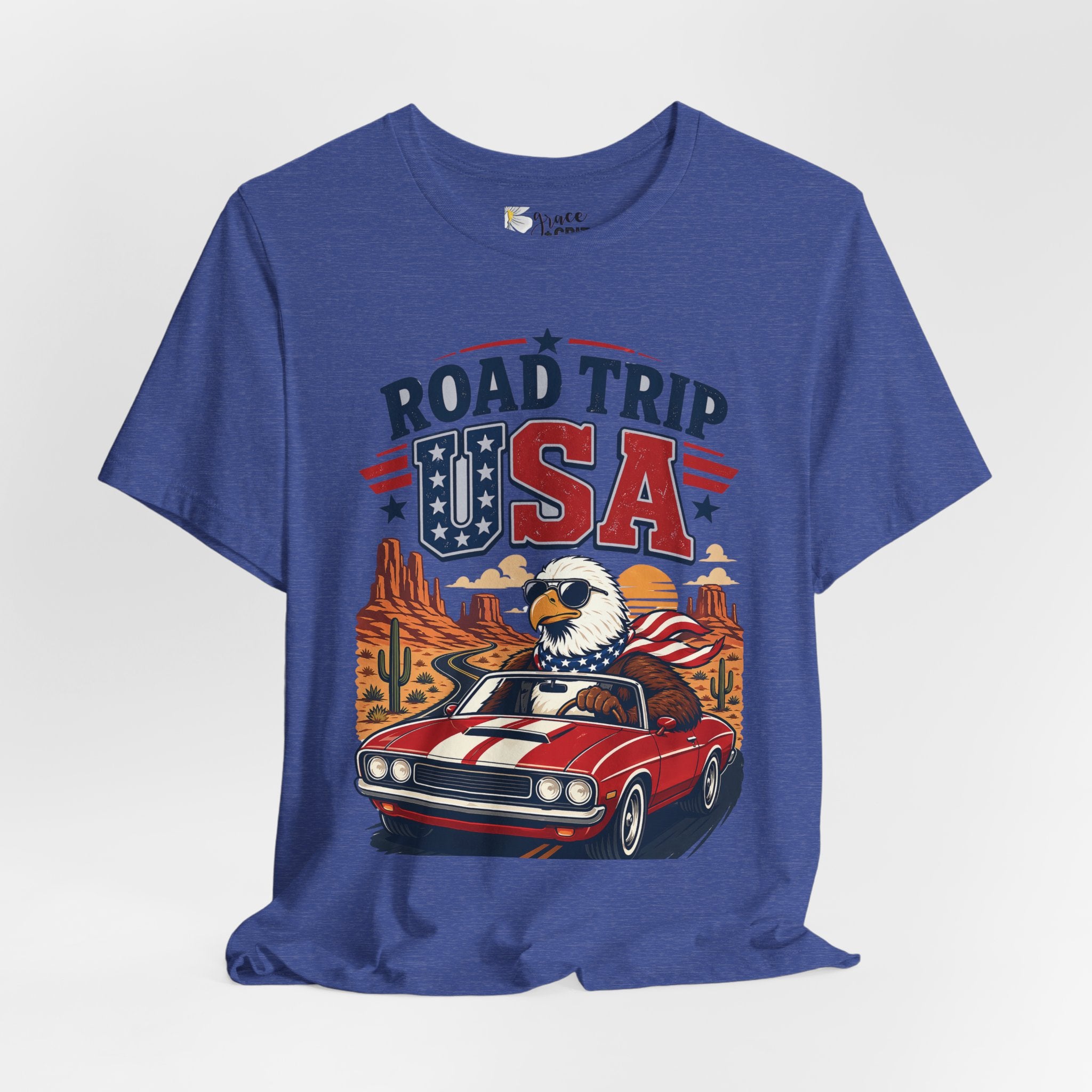Road Trip USA Tee — Vintage Eagle & Muscle Car Patriotic T‑Shirt