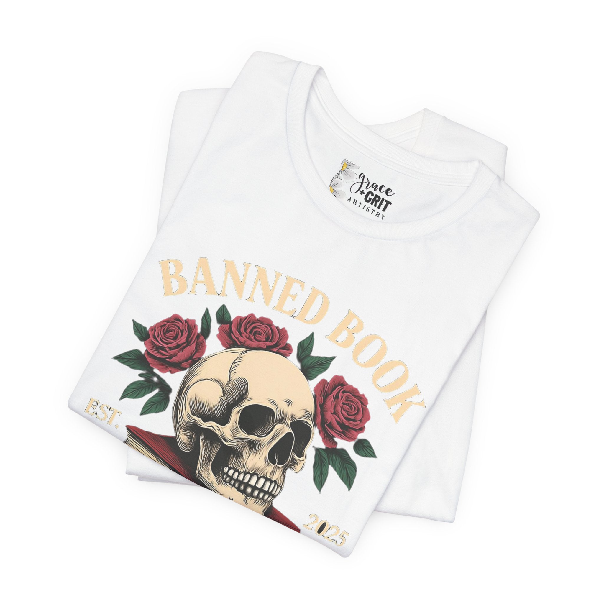 Banned Book Skull with Roses T-Shirt | Education Stack Tee