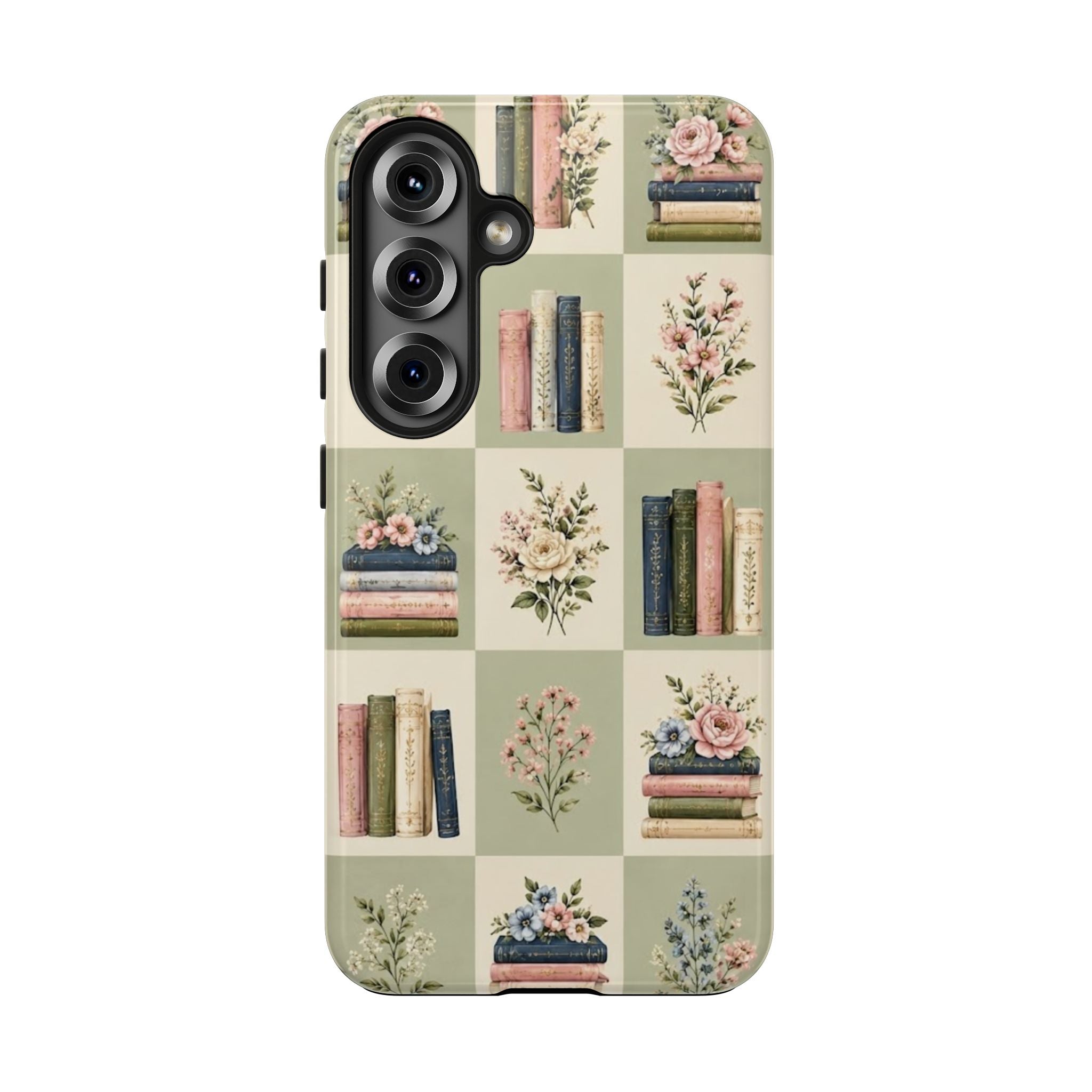 Floral Bookshelf Tough Phone Case — Vintage Floral & Stacked Books Pattern