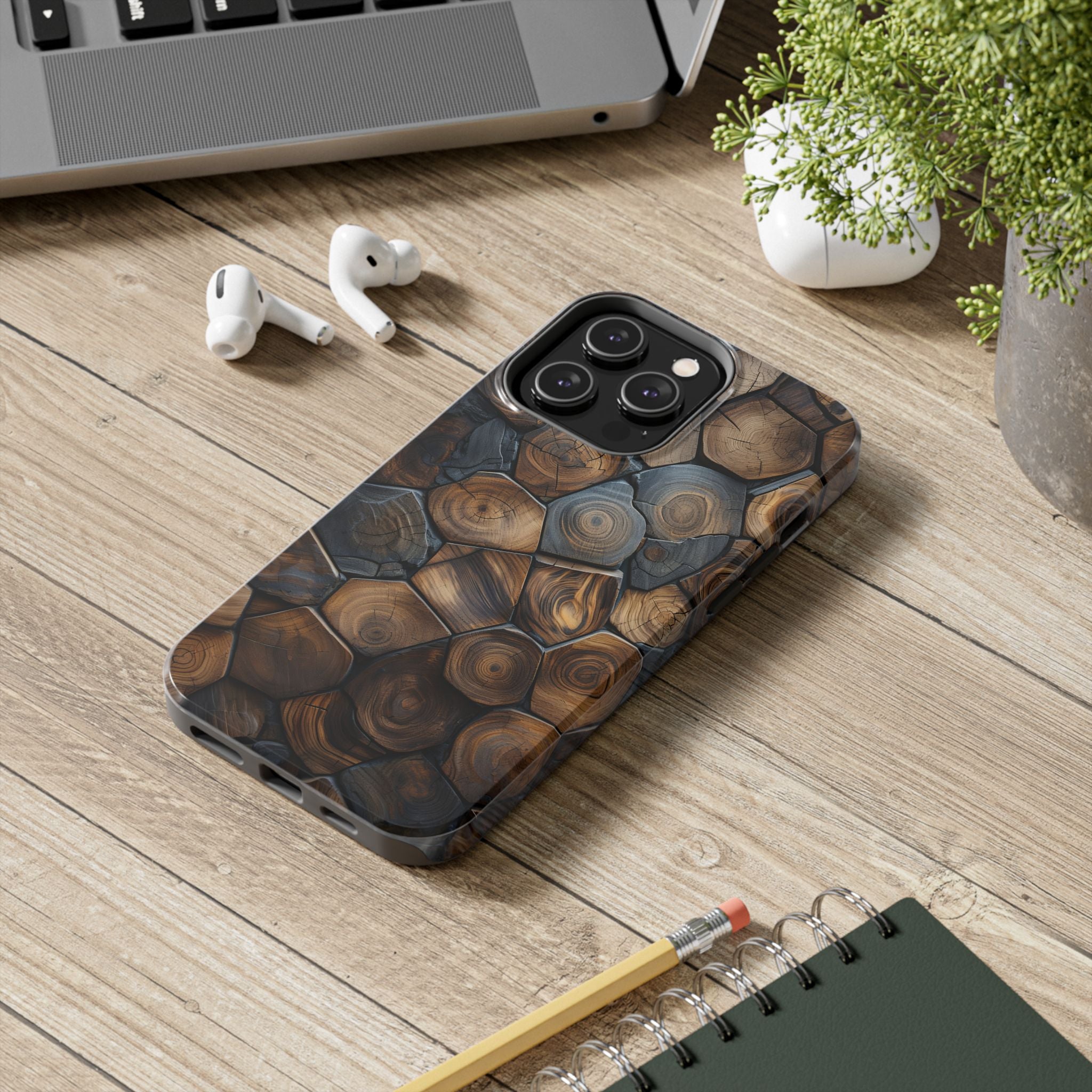 Woodgrain Hex Pattern Tough Phone Case — Rustic Log Cross-Section Design